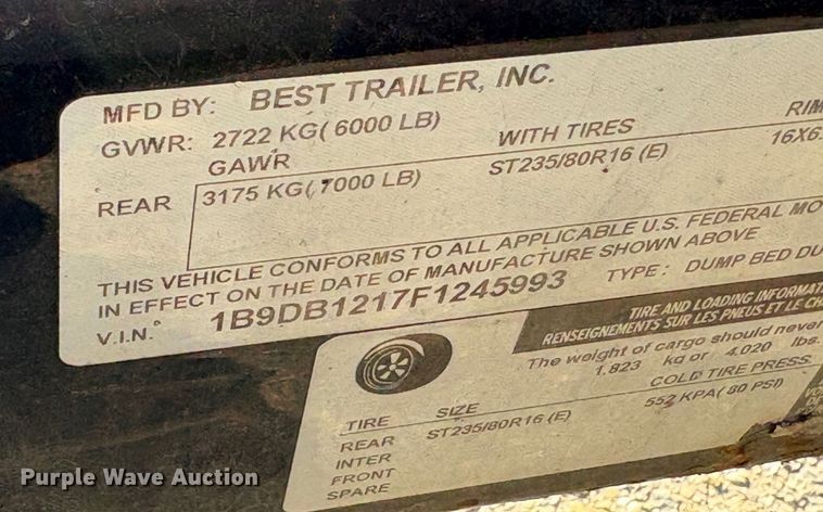 image for item EC8195 2015 Best Trailer DC4737 dump trailer