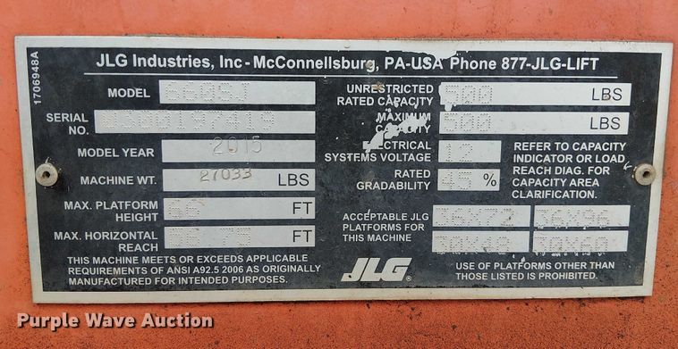 image for item EE5139 2015 JLG 660SJ boom lift