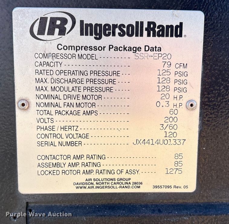 image for item EF6320 Ingersoll-Rand SSR-EP20 air compressor