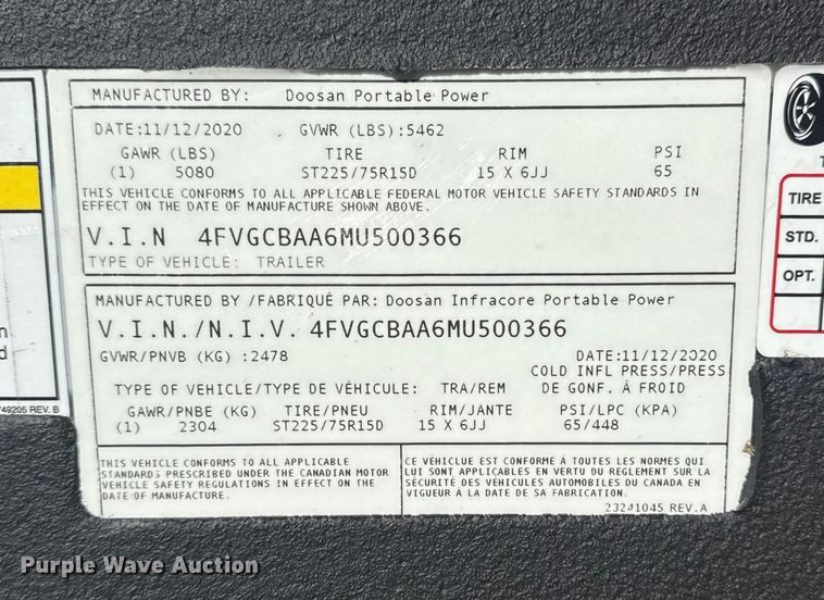 image for item EG1975 2021 Doosan Portable Power G25WDO-T4F generator