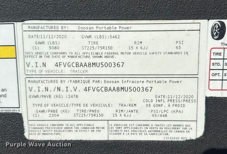 image for item EG1976 2021 Doosan Portable Power G25WDO-T4F generator