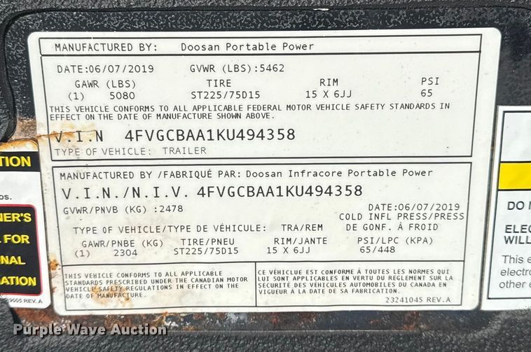 image for item EG1977 2019 Doosan Portable Power G25WDO-T4F generator