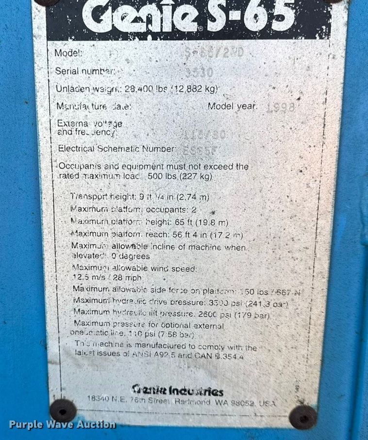 image for item EN0473 1998 Genie S-65 boom lift