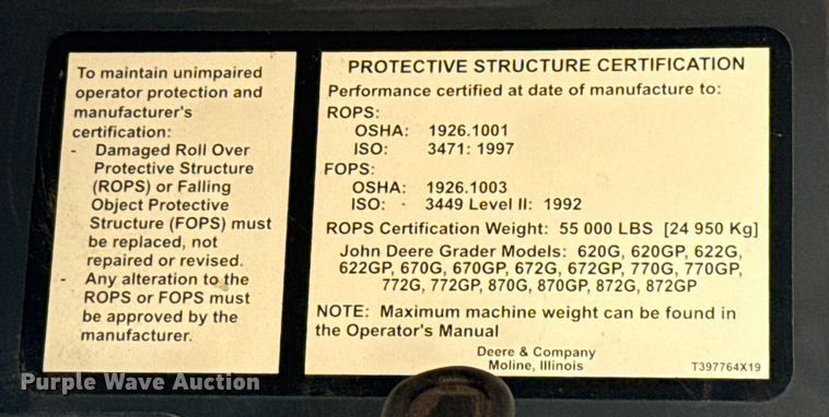 image for item ES5722 2019 John Deere 872GP motor grader