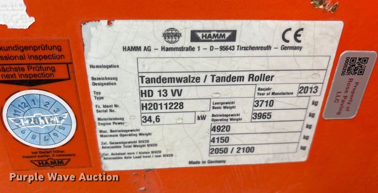 image for item ET7368 2013 Hamm HD13 double drum vibratory roller