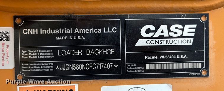 image for item ET7370 2015 Case 580N backhoe