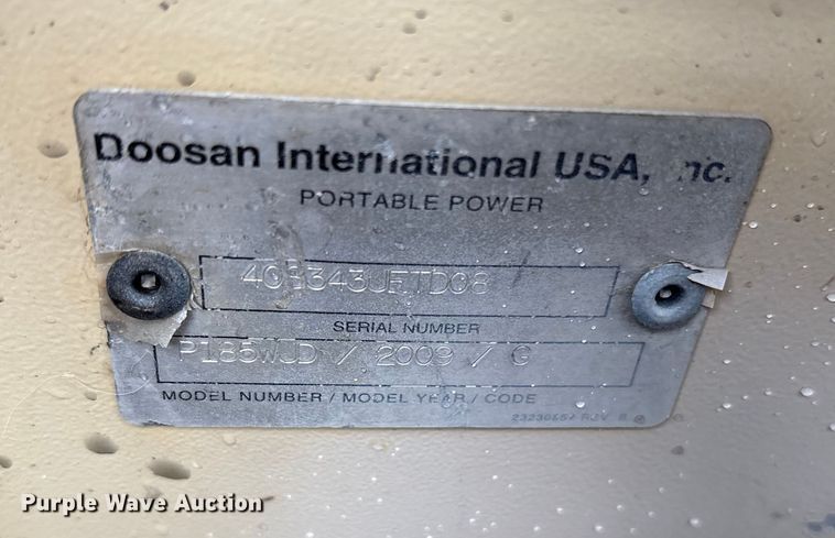 image for item ET7498 2009 Ingersoll Rand P185WJD air compressor