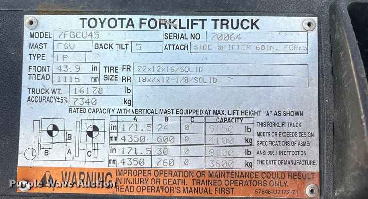 image for item EV2651 Toyota 7FGCU45 forklift