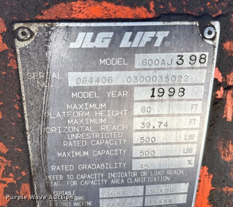 image for item FB0650 1998 JLG 600AJ boom lift