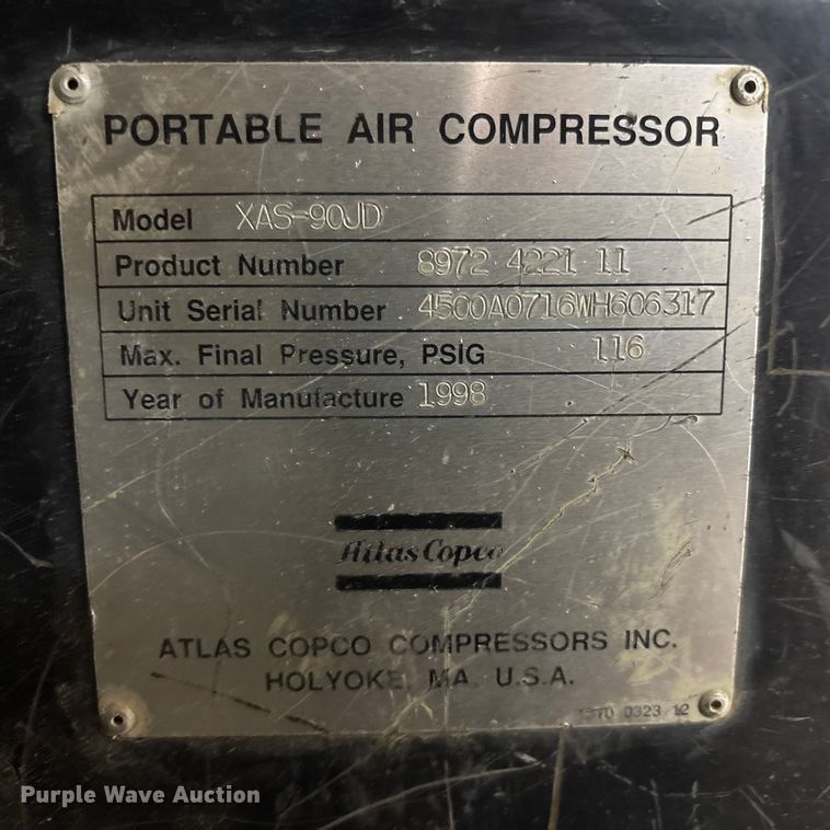 image for item FB3485 1998 Atlas copco XAS-90JD air compressor