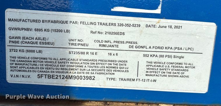 image for item FG2653 2021 Felling TRA/REM FT-12 IT-I-W tilt deck utility trailer