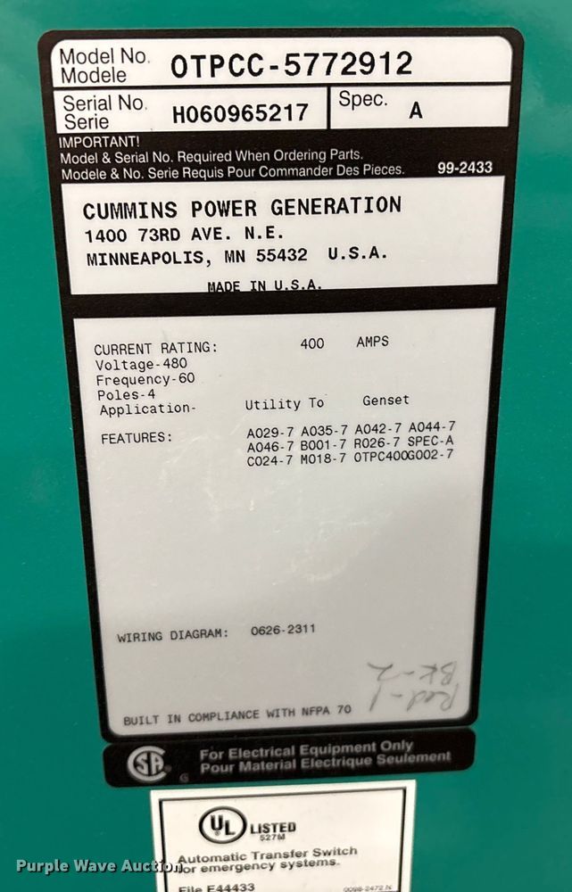 image for item FK1507 Cummins Power Generation OTPCC-5772912 transfer switch 