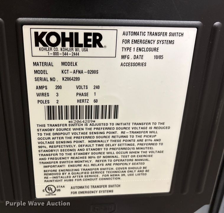 image for item FK1509 2005 Kohler KCT-AFNA-0200S transfer switch 
