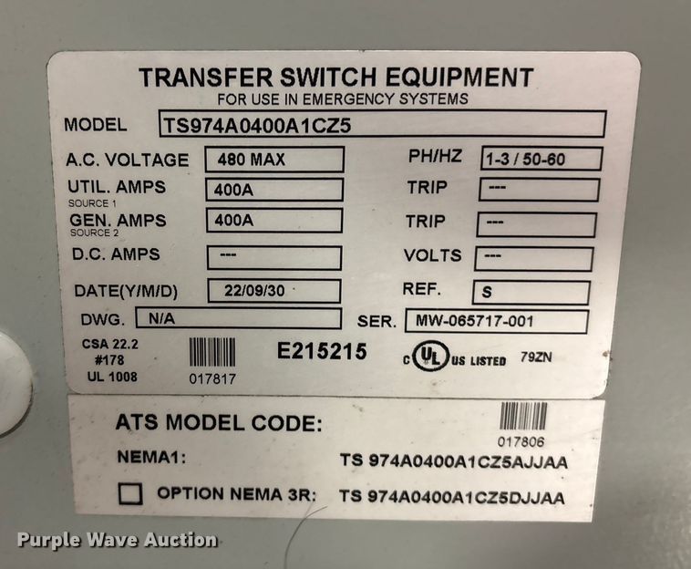 image for item FK1510 2022 Thompson ATS TS974A0400A1CZ5 transfer switch 