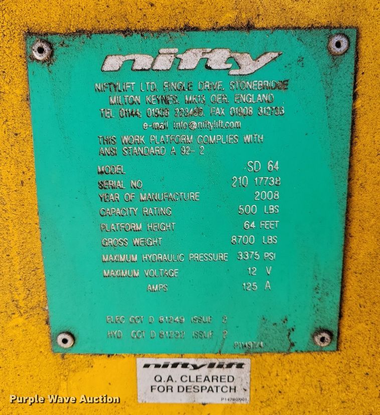 image for item NO9880 2008 Nifty SD64 boom lift