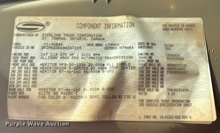 image for item YA1434 2008 Sterling L9500 dump truck