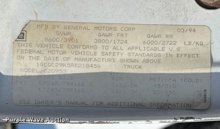 image for item ES5753 1994 Chevrolet 2500 Ext. Cab pickup truck