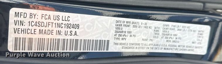 image for item ET4417 2022 Dodge Durango SSV SUV