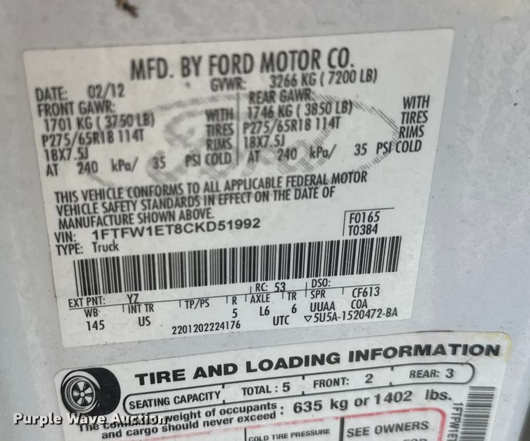 image for item ET4473 2012 Ford F150 XLT Crew Cab pickup truck