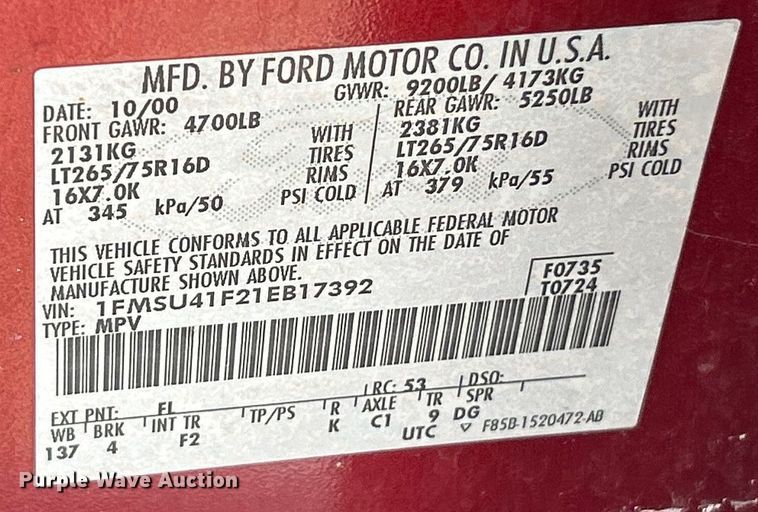 image for item ET6931 2001 Ford  Excursion XLT SUV