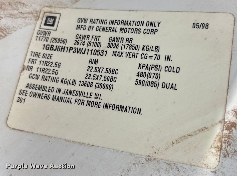 image for item EU4805 1998 Chevrolet C6500 dump truck