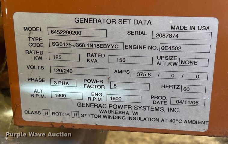 image for item EU7363 Generac 125KW generator