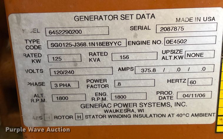 image for item EU7364 Generac 125KW generator