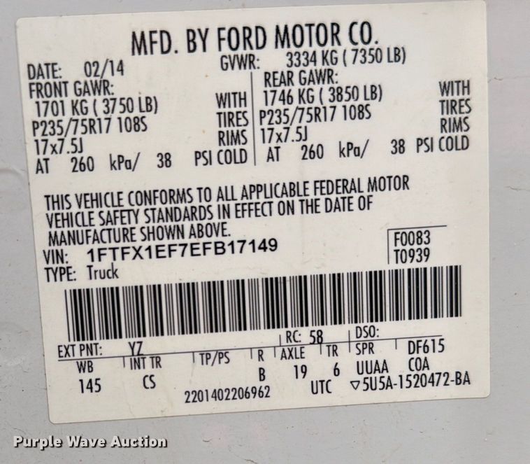 image for item FB0662 2014 Ford F150 Ext. Cab pickup truck