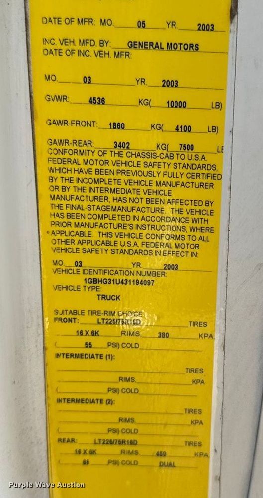 image for item FB0731 2003 Chevrolet Express 3500 box truck