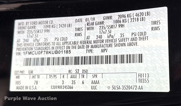 image for item FB8479 2019 Ford Escape SUV