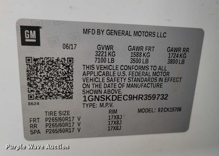 image for item NO9898 2017 Chevrolet  Tahoe Police SUV