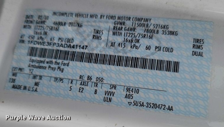 image for item NO9992 2010 Ford E350 ambulance