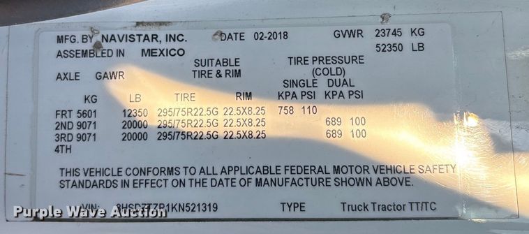 image for item DU0365 2019 International LT625 semi truck