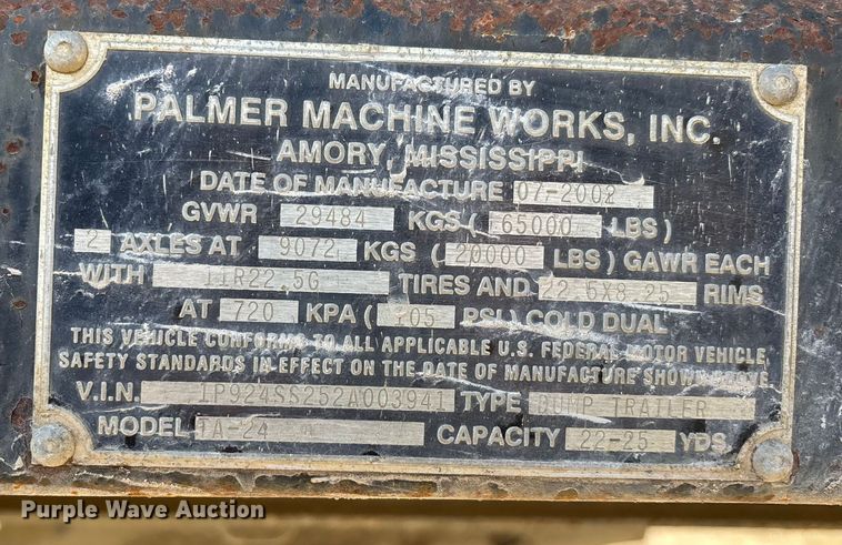image for item DW7451 2002 Palmer Machine Works TA-24 end dump trailer