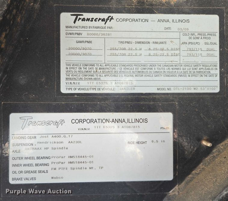 image for item EB1265 2010 Transcraft DTL-2100 drop deck equipment trailer