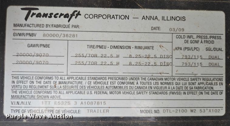 image for item EB1265 2010 Transcraft DTL-2100 drop deck equipment trailer