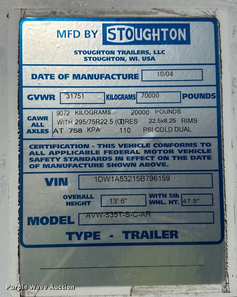 image for item EF2360 2005 Stoughton dry van trailer