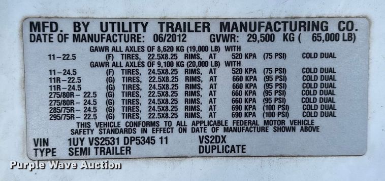 image for item EN0481 2013 Utility Trailer VS2DX dry van trailer