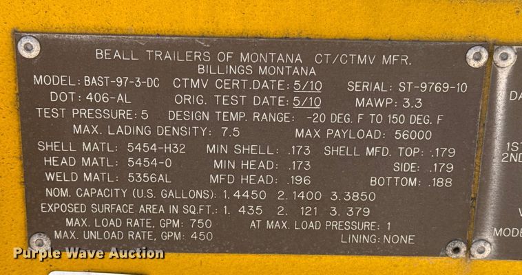 image for item ES5785 2010 Beall BAST-97-3-DC tank trailer