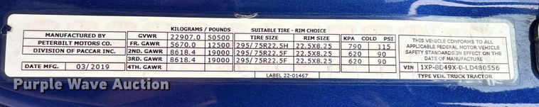 image for item EU7361 2020 Peterbilt 579 semi truck