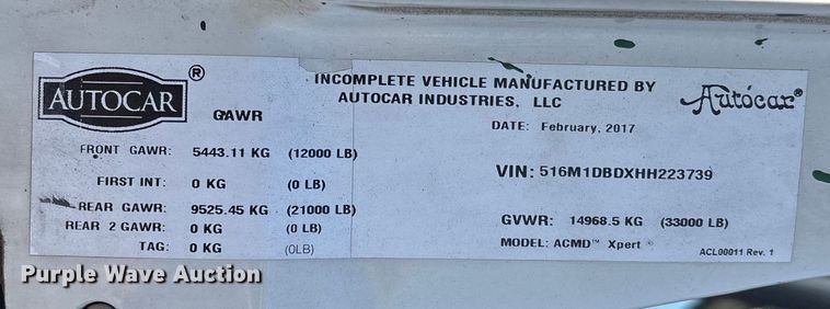 image for item FB5485 2017 Autocar Xpert truck cab and chassis