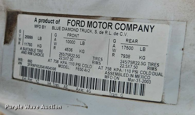 image for item FN5559 2004 Ford F650 truck cab and chassis