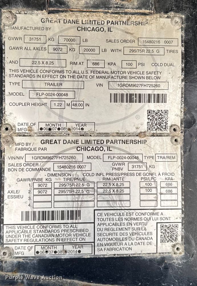 image for item OE9507 2015 Great Dane flatbed trailer