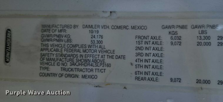 image for item YA1599 2020 Freightliner Cascadia semi truck