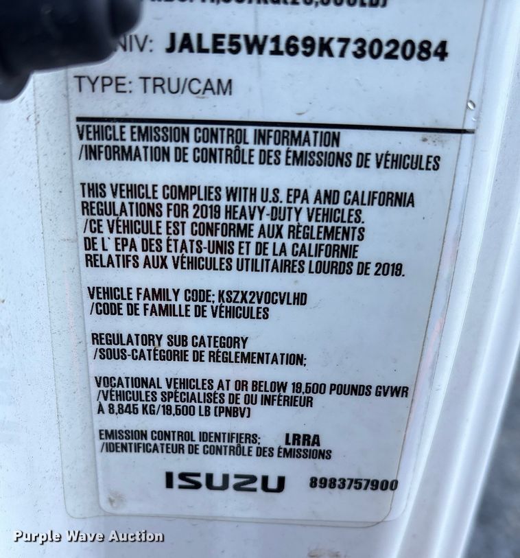 image for item YA1767 2019 Isuzu NRR  box truck