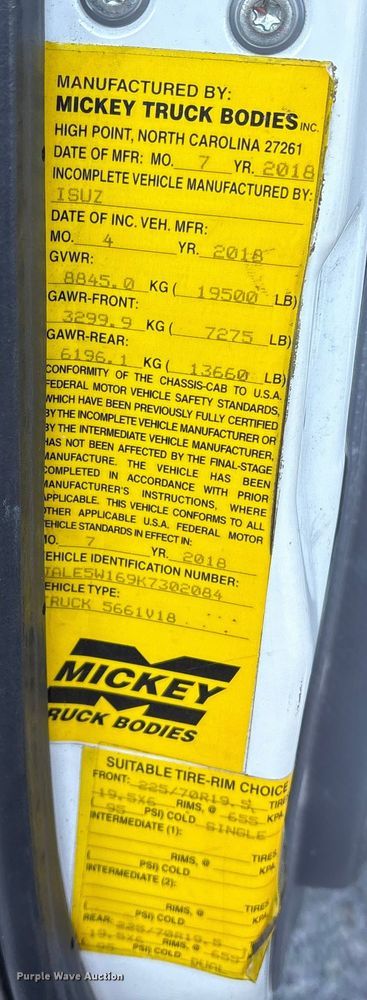 image for item YA1767 2019 Isuzu NRR  box truck