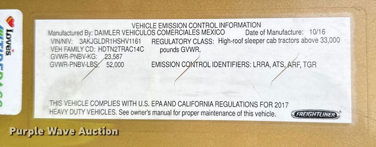 image for item YA1774 2017 Freightliner Cascadia 125 semi truck