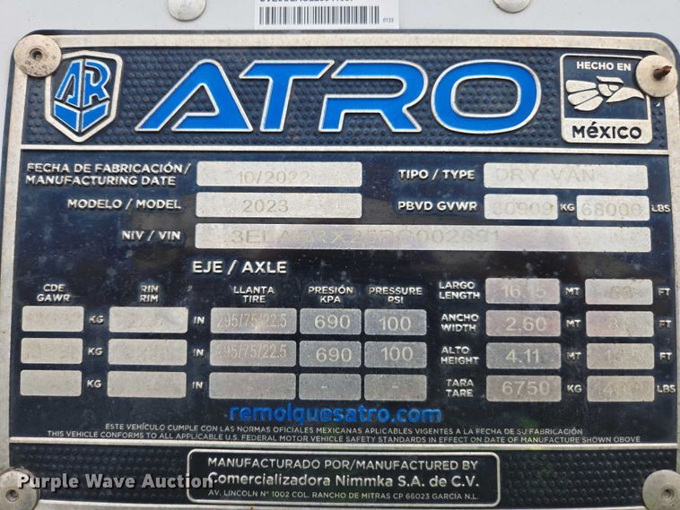 image for item YA2002 2023 Atro dry van trailer