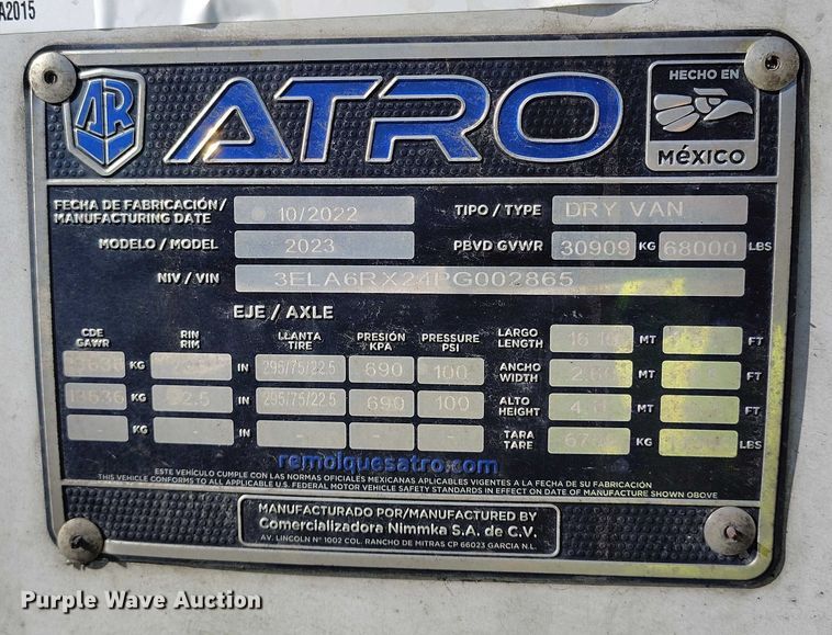 image for item YA2015 2023 Atro  dry van trailer