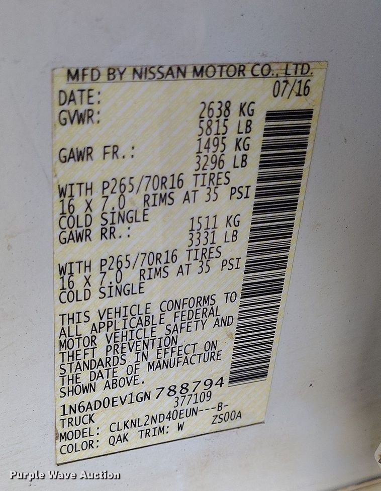 image for item DT0948 2016 Nissan Frontier Crew Cab pickup truck